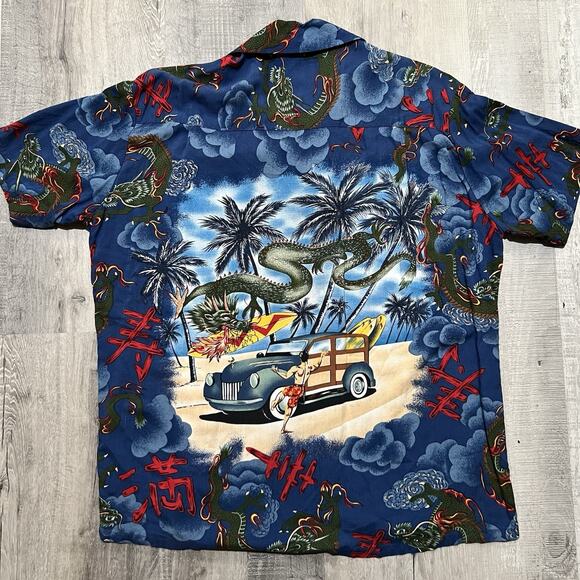 VTG Red Dragon By Kennington Hawaiian Shirt Blue Woody Wagon Surf Loop Collar L - Picture 2 of 5